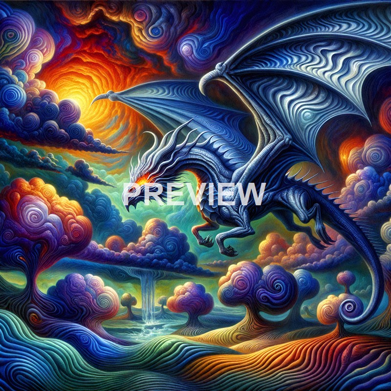 A vibrant, surreal painting of a blue dragon with glowing orange eyes flying through a colorful, swirling landscape filled with stylized trees, clouds, and a fiery sun in the background.